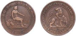 World Coins - Spain Provisional Government 1870 OM 10 Centimos - Provisional Government Bronze (95% copper, 4% tin, 1% zinc) Real Casa de la Moneda Mint (170088000) 10g VF KM 663 Cal 24
