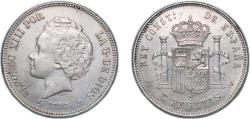 World Coins - Spain Kingdom 1893 *18-93 PGV 5 Pesetas - Alfonso XIII (2nd portrait) Silver (.900) Madrid Mint (518000) 24.83g AU KM 700 Cal 19