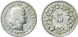 World Coins - Switzerland Federal State 1899 B 5 Rappen (Libertas; copper-nickel) Copper-nickel (75% copper, 25% nickel, non-magnetic) Bern Mint (1500000) 2.01g VF  HMZ 2 1212 Divo/Tob19 319 KM