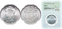World Coins - Portugal First Republic 1916 50 Centavos Silver (.835) Lisbon Mint (5080000) 12.5g NGC MS 64  KM 561 Gomes R 18