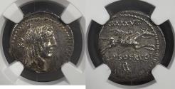 Ancient Coins - Roman Republic - L. Calpurnius Piso Frugi, 90 BC - AR Denarius - NGC MS