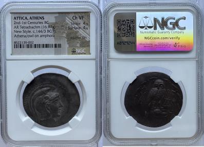 Ancient Coins - Attica, Athens - c.165-42 BC - AR Tetradrachm - NGC Choice VF