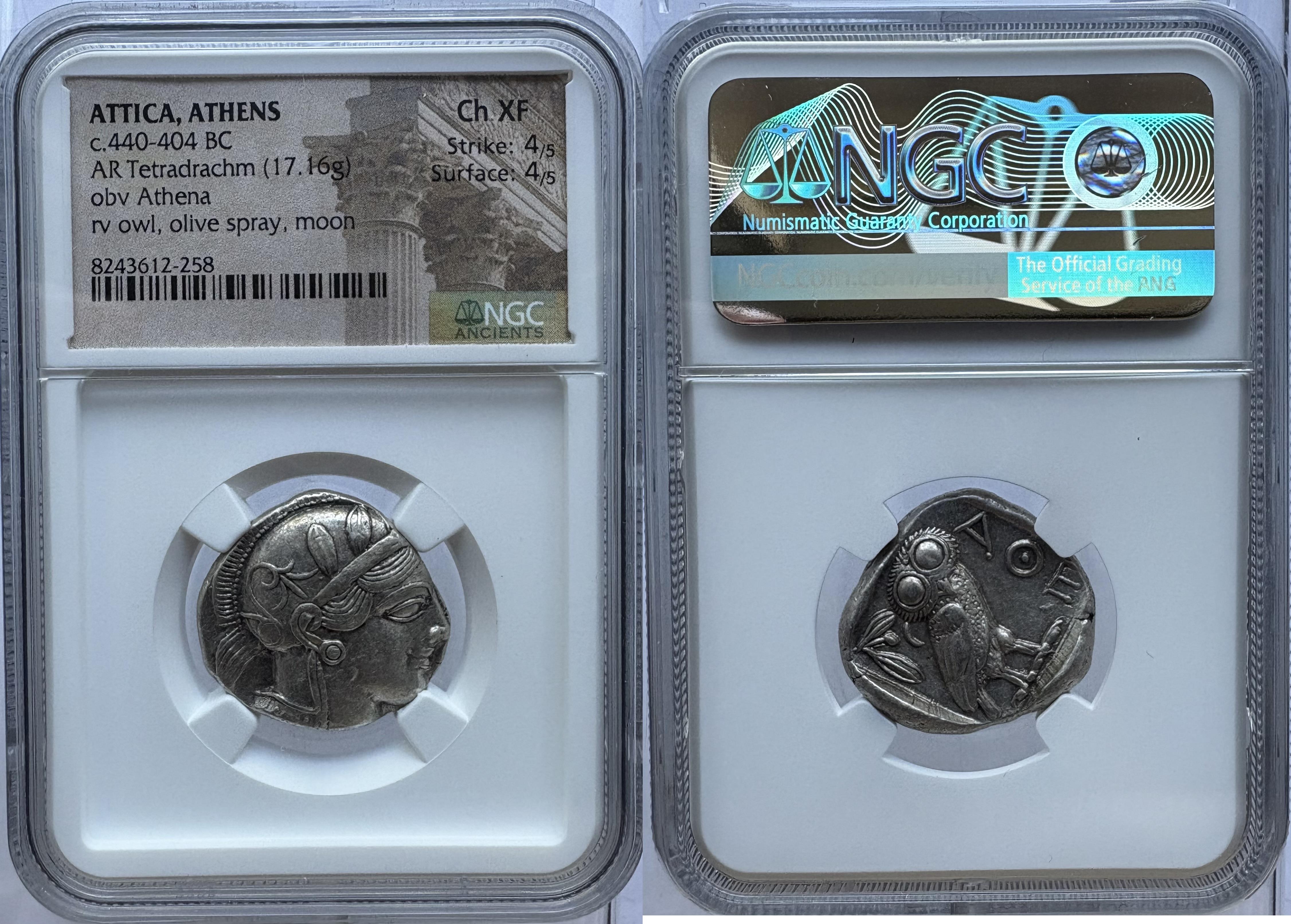 アッティカアテネ　440-404BC Ch XF Attica, Athens - c.440-404 BC - AR Tetradrachm - NGC Choice XF
