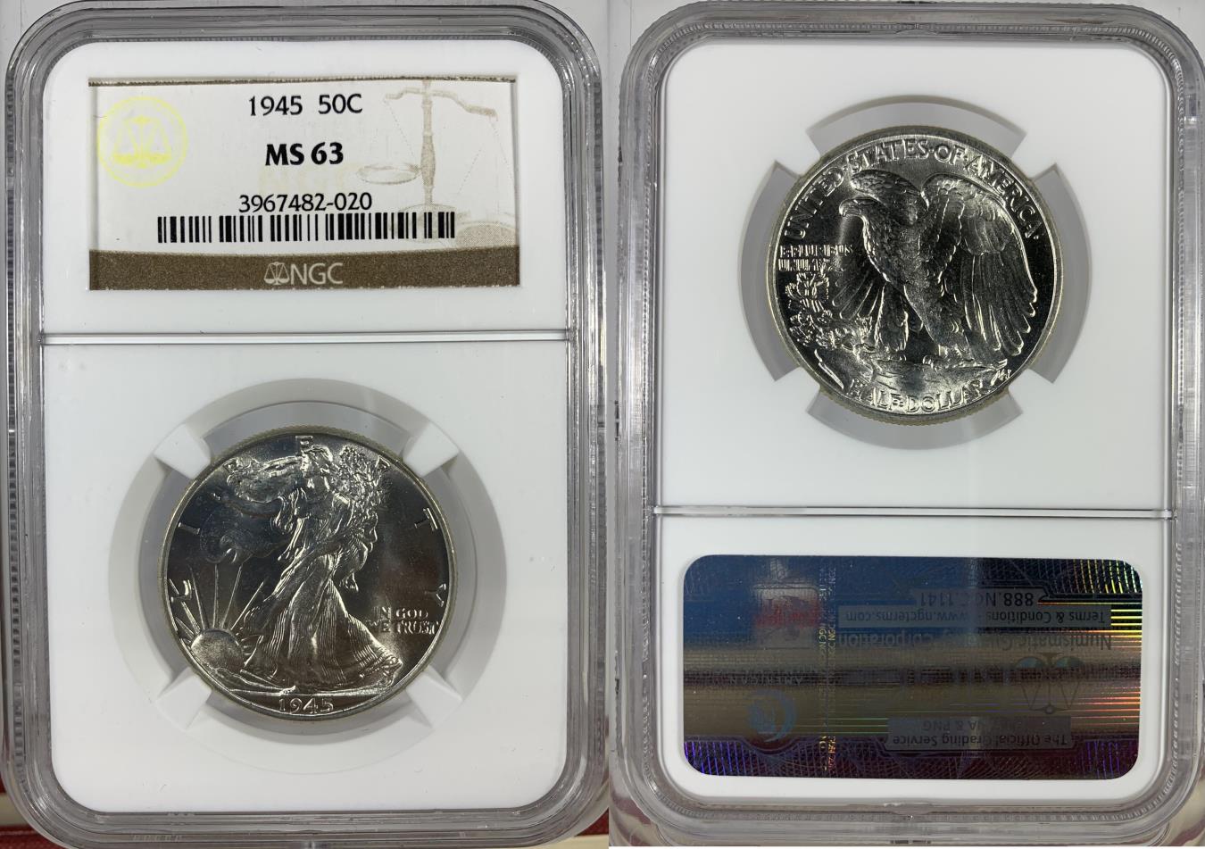 1945B インド ルピー銀貨 NGC MS63 1945 50 C Walking Liberty Half Dollar - NGC MS-63 | 50 Cents