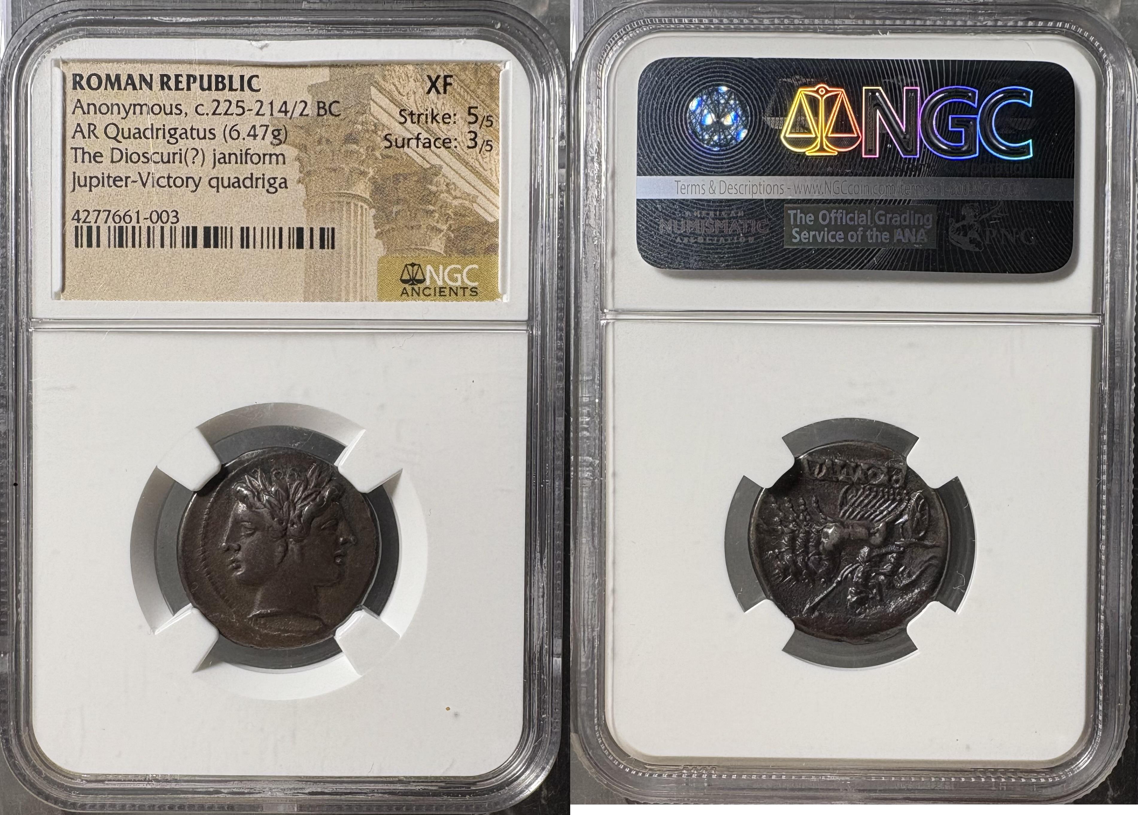 T-スクェアB.C.A.D. : Before Christ & Anno … Roman Republic - Anonymous, c.25-212 BC - AR Quadrigatus - NGC XF