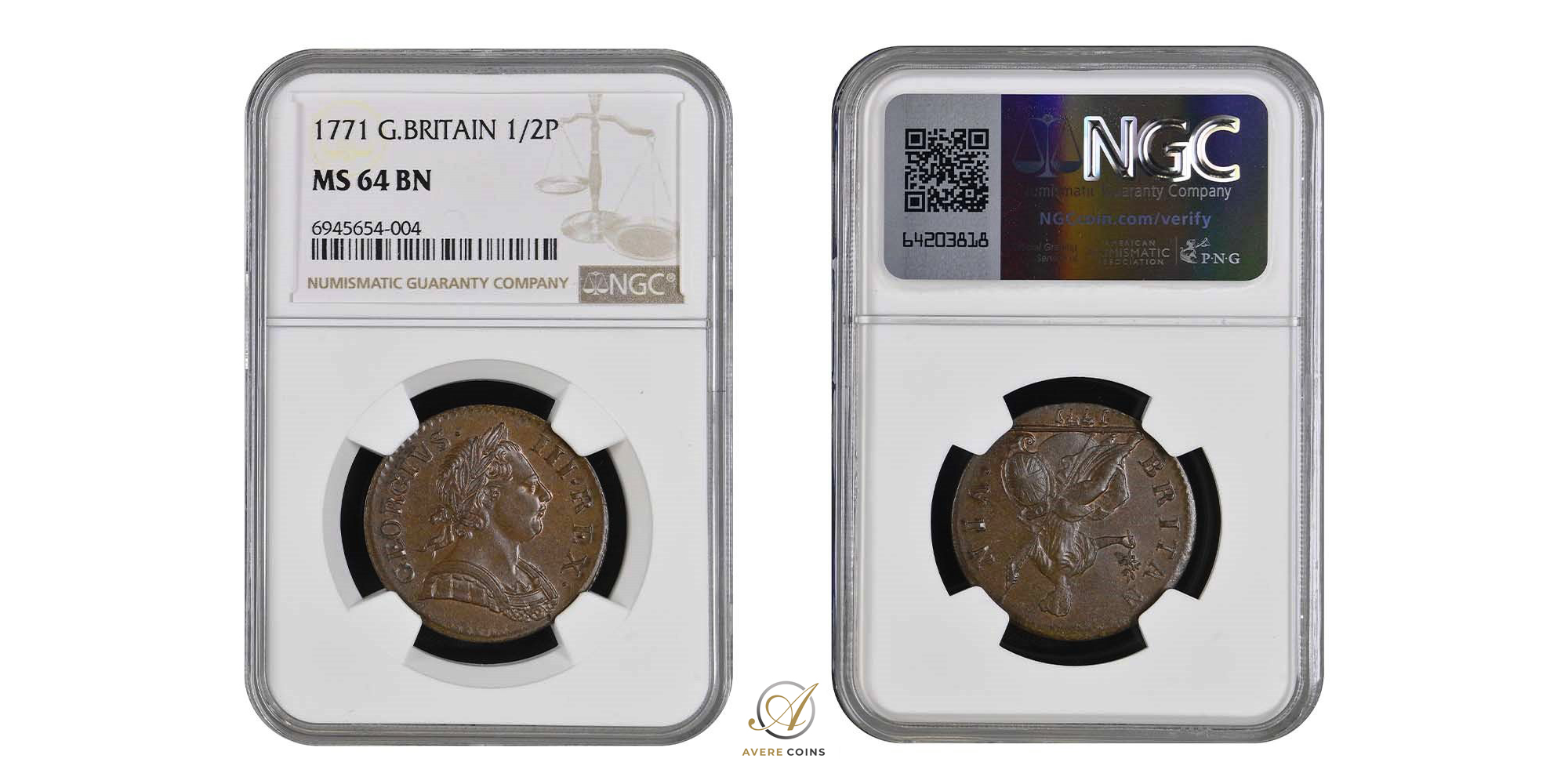 コレクション 1839 G.BRITAIN 3P MS 64 George III 1771 Copper Halfpenny – MS64 BN | European Coins