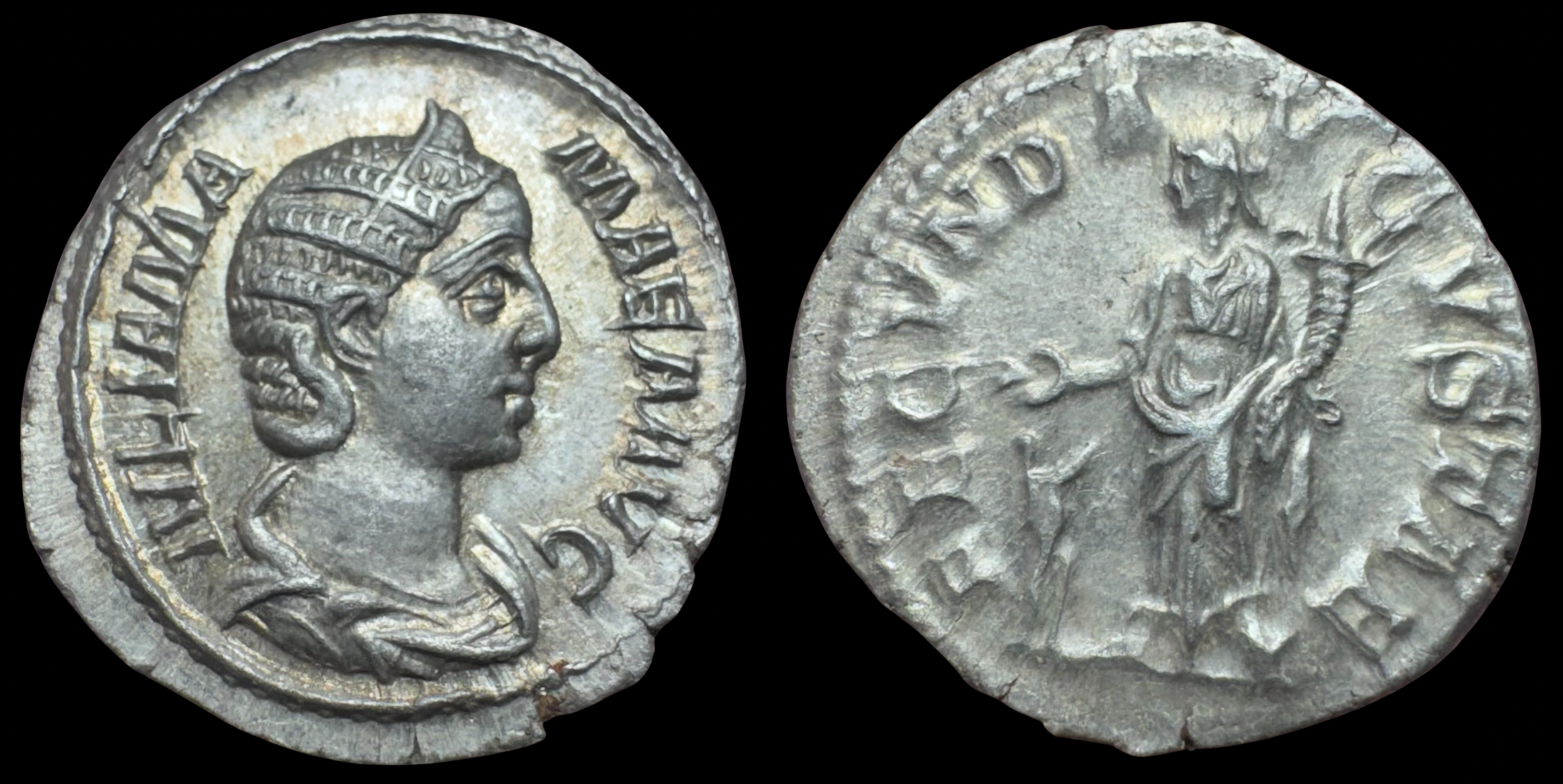 Severus Alexander. Julia Mamaea. AR Denarius, ca 232 AD.
