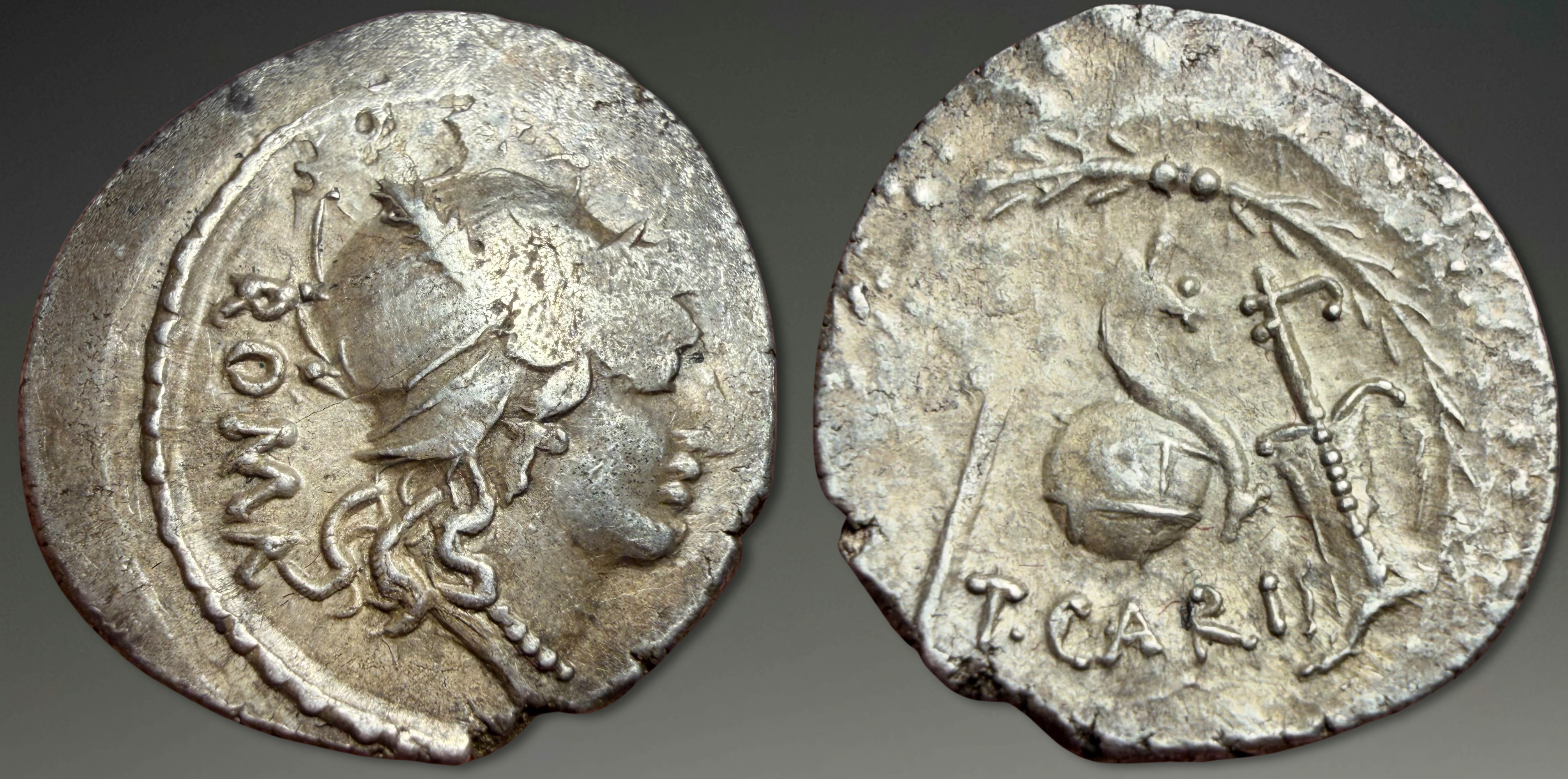 Roman Republic. T. Carisius. AR Denarius, ca. 46 BC.
