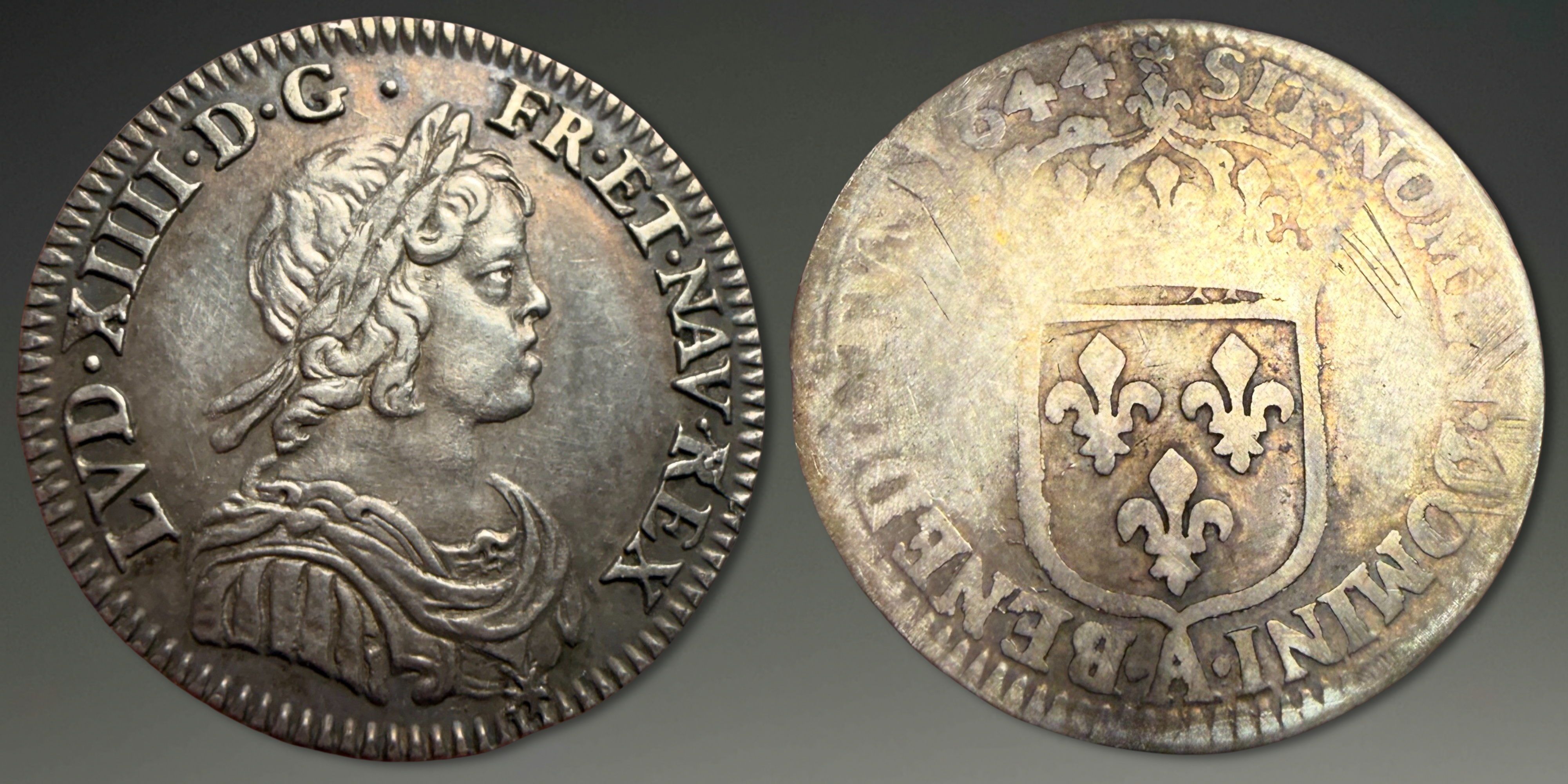 France, Louis XIV. AR 1/12 Ecu à la mèche courte, 1644-A. Paris Mint.
