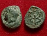 Ancient Coins - IONIA, Phokaia. 2nd century BC. Æ head of Hermes monogram of Phokaia as Caduceus