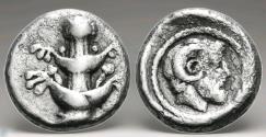 Ancient Coins - KYRENAIKA. Kyrene. Circa 480-435 BC. AR Hemidrachm Silphium plant / Zeus Ammon