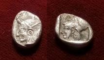 Ancient Coins - MYSIA, LAMPSAKOS Circa 350-300 BC. AR Diobol Female janiform Athena incuse