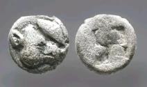 Ancient Coins - LESBOS, Island Off Ionia. Circa 500-450 BC. BI Diobol. Boar’s Head Eye Above