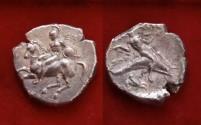 Ancient Coins - CALABRIA, TARENTUM AR Didrachm Nomos 280 BC. Warrior horseman Taras on dolphin