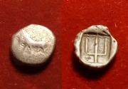 Ancient Coins - THRACE, BYZANTION AR Obol Archaic 520-420 BC. Bull & Trident in incuse