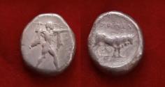 Ancient Coins - LUCANIA, POSEIDONIA AR Stater 445-420 BC. Poseidon with Trident Bull
