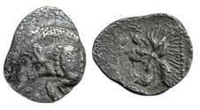 Ancient Coins - Mysia, Kyzikos. 450-400 BC. AR Hemiobol. Boar / Lion