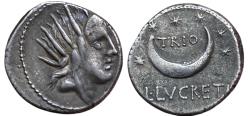 Ancient Coins - Roman Republic. L. Lucretius Trio. AR Denarius, Rome. Sol / Crescent and stars.