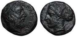 Ancient Coins - Sicily, Entella. 420-400 BC. Æ Trias. Head of Entella / Krimisos.