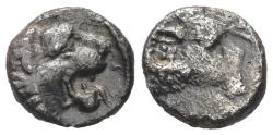 Ancient Coins - Caria, Uncertain mint. 420-350 BC. AR Tetartemorion. Lion / Ram