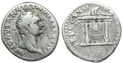 Ancient Coins - Domitian, 81-96 AD. AR Denarius, Rome. Thunderbolt / seat rev.