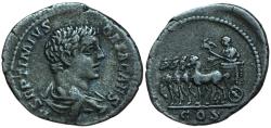 Ancient Coins - Geta as Caesar, 198-209 AD. AR Denarius, Rome. Quadriga rev. Scarce.