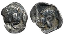Ancient Coins - Mysia, Kyzikos. 450-400 BC. AR Hemiobol. Boar / Lion