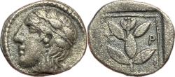 Ancient Coins - Macedon, Chalkidian League AR Trihemiobol - Apollo / Laurel Branch