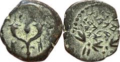 Ancient Coins - Judea, Hasmoneans, Alexander Jannaeus AE Prutah - Double Cornucopiae / Paleo-Hebrew Inscription