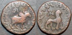 Ancient Coins - INDO-SCYTHIAN: Azes II AE hexachalkon: Bull/Lion, Senior 102.110. BARGAIN-PRICED!