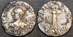 Ancient Coins - INDIA, INDO-GREEK: Menander I Silver drachm, spearthruster type, SCARCE variety with continuous legend. Bop 3C
