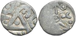 Ancient Coins - INDIA, Kuru janapada, c.4th century BCE, Silver 15-mana, biface with 6-arm symbol, broad flan, RARE and CHOICE!
