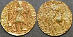 Ancient Coins - INDIA, Kushan: Kanishka III Gold dinar with 3-headed Siva. VERY RARE and SUPERB! With XRF results