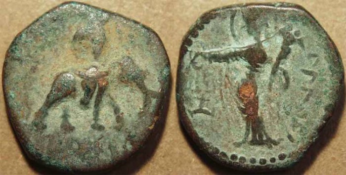 Ancient Coins - INDIA, KUSHAN: Huvishka AE tetradrachm, Elephant-rider/Ardochsho. RARE & CHOICE!