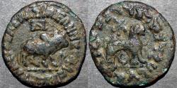 Ancient Coins - INDO-SCYTHIAN: Azes II AE hexachalkon: Bull/Lion, Senior 102.112. CHOICE!