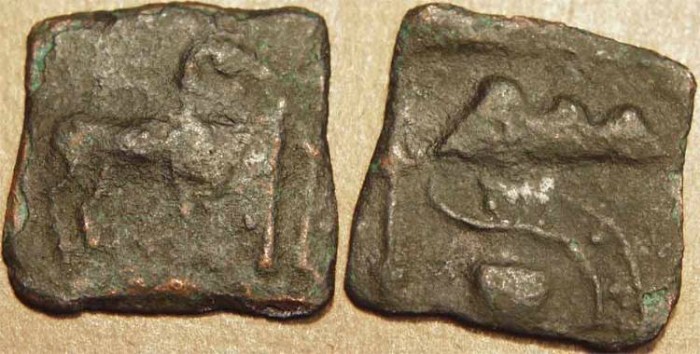 Ancient Coins - INDIA, SANGAM AGE MALAYAMAN (C 1ST-3RD CENTURY): Anonymous Copper unit. Horse with goad and spear. VERY RARE + CHOICE! 