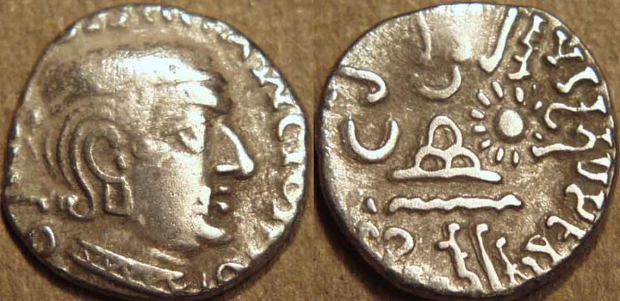 Ancient Coins - INDIA, WESTERN KSHATRAPAS: Jivadaman (c.197-198 CE) Silver drachm, Legend A, year S. 119. RARE and CHOICE!