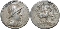 Ancient Coins - BACTRIA, Eukratides (Eucratides) AR tetradrachm, helmeted type. CHOICE!