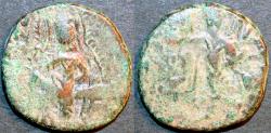Ancient Coins - INDIA, KUSHAN: Huvishka AE tetradrachm, King on couch / Mao, light weight type