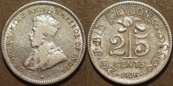 Ancient Coins - SRI LANKA (CEYLON), BRITISH PERIOD, George V Silver 25 cents, 1926. CHOICE!