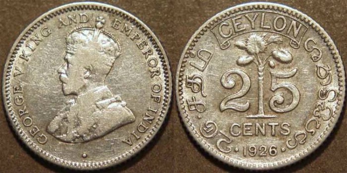 World Coins - SRI LANKA (CEYLON), BRITISH PERIOD, George V Silver 25 cents, 1926. CHOICE!