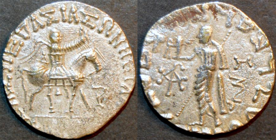 Ancient Coins - INDO-SCYTHIAN, AZES II Silver tetradrachm, Zeus left type, Senior 105.340. CHOICE!