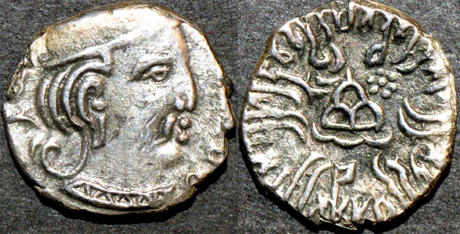 Ancient Coins - INDIA, WESTERN KSHATRAPAS: Rudrasena III (348-378 CE) Silver drachm, year S. 28x. CHOICE!