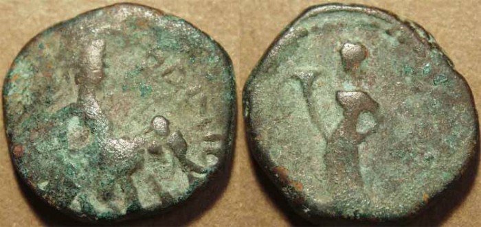 Ancient Coins - INDIA, KUSHAN: Huvishka AE tetradrachm, Elephant-rider/Ardochsho. RARE!