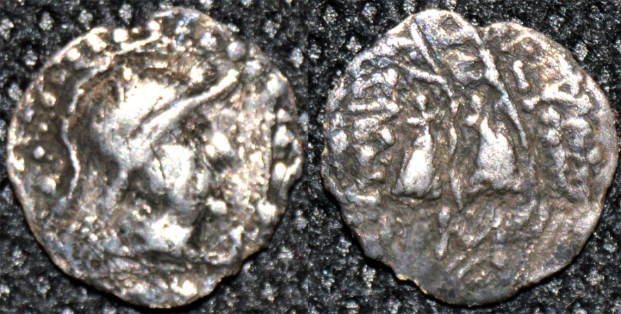 Ancient Coins - BACTRIA, Eukratides (Eucratides) AR obol, helmeted type. SCARCE!