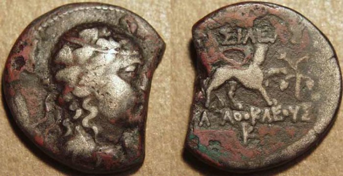 Ancient Coins - BACTRIA, AGATHOKLES: Cupro-nickel Dichalkous or double unit of Dionysos/panther. RARE!