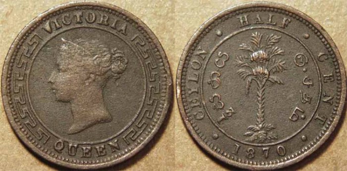 World Coins - SRI LANKA (CEYLON), BRITISH PERIOD, Queen Victoria AE 1/2 cent, 1870. CHOICE!