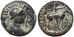 Ancient Coins - INDIA, KUSHAN: Vima Takha (Soter Megas or Vima Takto) AE tetradrachm: 10 rays