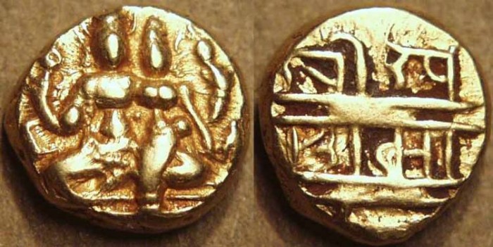 Ancient Coins - INDIA, VIJAYANAGAR: Sadasivaraya (1543-70) Gold pagoda. RARE type with two chakras!