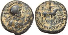 Ancient Coins - INDIA, KUSHAN: Vima Takha (Soter Megas or Vima Takto) AE tetradrachm: 12 rays